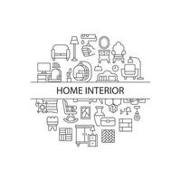 Home interior abstract linear concept layout with headline. Furniture and house decor minimalistic idea. Cozy lifestyle. Thin line graphic drawings. Isolated vector contour icons for background