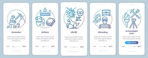 Archeology onboarding mobile app page screen vector template. Excavating and preserving artifacts. Walkthrough website steps with linear illustrations. UX, UI, GUI smartphone interface concept