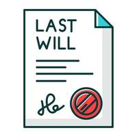 Signed last will RGB color icon. Document with stamp. Notarized testament. Apostille and legalization. Legal paper. Notary services. Isolated vector illustration