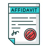 Confirmed affidavit RGB color icon. Signed notarized document. Apostille and legalization. Written statement. Declaration. Legal paper. Notary services. Isolated vector illustration