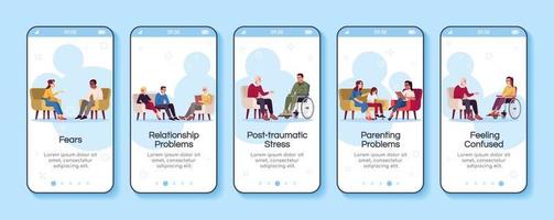 Psychology consultation onboarding mobile app screen vector template. Relationship problems. Fears. Walkthrough website steps with flat characters. UX, UI, GUI smartphone cartoon interface concept