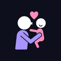 Kissing child on cheek RGB color icon for dark theme. Showing affection. Express parental love to baby. Isolated vector illustration on night mode background. Simple filled line drawing on black