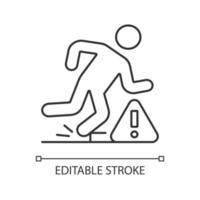 icono de etiqueta manual lineal de peligros de tropiezo. precauciones contra caídas. Ilustración personalizable de línea fina. símbolo de contorno. dibujo de contorno aislado vectorial para instrucciones de uso del producto. trazo editable vector