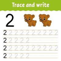 Trace and write. Handwriting practice. Learning numbers for kids. Education developing worksheet. Color activity page. Isolated vector illustration in cute cartoon style.