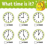 Learning time on the clock. Educational activity worksheet for kids and toddlers. Game for children. Simple flat isolated color vector illustration in cute cartoon style.