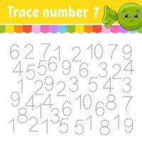 Trace number . Handwriting practice. Learning numbers for kids. Education developing worksheet. Activity page. Game for toddlers and preschoolers. Isolated vector illustration in cute cartoon style.