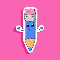 Wooden pencil with eraser. Bright color sticker. Cartoon character. Vector illustration. Design element. With white contour.