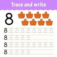 Number 8. Trace and write. Handwriting practice. Learning numbers for kids. Education developing worksheet. Color activity page. Isolated vector illustration in cute cartoon style.