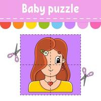 Baby puzzle. Easy level. Flash cards. Cut and play. Pleasant lovely woman. Color activity worksheet. Game for children. Cartoon character. vector