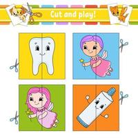 Cut and play. Flash cards. Color puzzle. Tooth, toothpaste, fairy. Education developing worksheet. Activity page. Game for children. Funny character. Isolated vector illustration. Cartoon style.