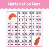 Mathematical square maze. Game for kids. Number labyrinth. Education worksheet. Activity page. Puzzle for children. Cartoon characters. Color vector illustration.