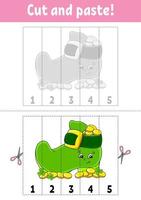 Learning numbers 1-5. Cut and glue. Cartoon character. Education developing worksheet. Game for kids. Activity page. Color isolated vector illustration. St. Patrick's day.