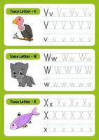 Writing letters. Tracing page. Practice sheet. Worksheet for kids. exercise for preschools. Learn alphabet. Cute characters. Vector illustration. Cartoon style.