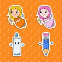 Set of bright color stickers for kids. Cute cartoon characters. Vector illustration isolated on color background.