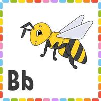 alfabeto divertido. letra b - abeja. tarjetas flash cuadradas abc. personaje de dibujos animados aislado sobre fondo blanco. para la educación de los niños. desarrollo de la hoja de trabajo. aprender letras. ilustración vectorial de color. vector