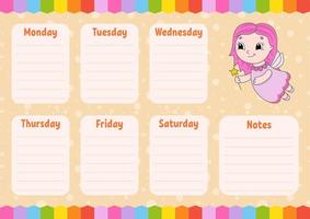 Young fairy. School schedule. Timetable for schoolboys. Empty template. Weekly planer with notes. Isolated color vector illustration. Cartoon character.
