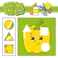 Cut and glue. Game for kids. Education developing worksheet. Cartoon pepper character. Color activity page. Hand drawn. Isolated vector illustration.