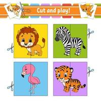 Cut and play. Flash cards. Color puzzle. Education developing worksheet. Activity page. Game for children. Funny character. Isolated vector illustration. Cartoon style.