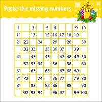 Paste the missing numbers from 1 to 100. Handwriting practice. Learning numbers for kids. Education developing worksheet. Activity page. Game for children. Isolated vector illustration.