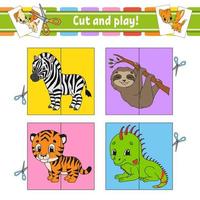 Cut and play. Flash cards. Color puzzle. Education developing worksheet. Activity page. Game for children. Funny character. Isolated vector illustration. Cartoon style.