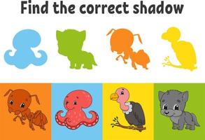 Find the correct shadow. Ant, octopus, vulture, wolf. Education worksheet. Matching game for kids. Color activity page. Puzzle for children. Cartoon character. Isolated vector illustration.