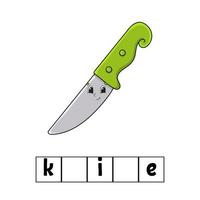 Words puzzle. Knife. Education developing worksheet. Learning game for kids. Color activity page. Puzzle for children. English for preschool. Vector illustration. Cartoon style.