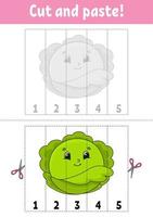 Learning numbers 1-5. Cut and glue. Cabbage character. Education developing worksheet. Game for kids. Activity page. Color isolated vector illustration. Cartoon style.