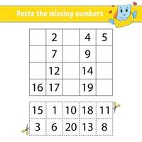 Paste the missing numbers 1-20. Game for children. Handwriting practice. Learning numbers for kids. Education developing worksheet. Activity page. Isolated vector illustration in cute cartoon style.