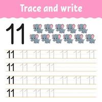 Trace and write. Handwriting practice. Learning numbers for kids. Education developing worksheet. Activity page. Game for toddlers and preschoolers. Isolated vector illustration in cute cartoon style.