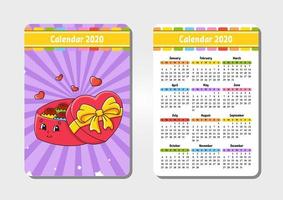 calendario para 2020 con un lindo personaje. tamano de bolsillo. diseño divertido y brillante. ilustración vectorial aislada. estilo de dibujos animados. vector