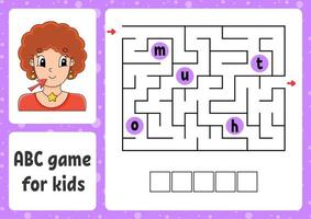 ABC maze for kids. Answer mouth. Rectangle labyrinth. Activity worksheet. Puzzle for children. Cartoon style. Logical conundrum. Color vector illustration.