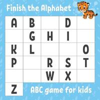 Finish the alphabet. ABC game for kids. Education developing worksheet. Orange tiger. Learning game for kids. Color activity page. vector