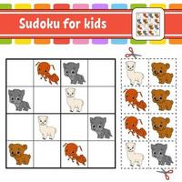 Sudoku for kids. Education developing worksheet. Activity page with pictures. Puzzle game for children. Set animals. Isolated vector illustration. Funny character. Cartoon style.