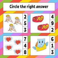 Circle the right answer. Education developing worksheet. Activity page with pictures. Valentine's Day. Game for children. Color isolated vector illustration. Funny character. Cartoon style.