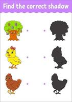 Find the correct shadow. Education developing worksheet. Matching game for kids. Color activity page. Puzzle for children. Cute character. Vector illustration. Cartoon style.