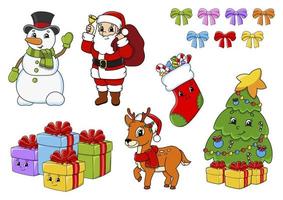 Set of stickers with cute cartoon characters. Christmas theme. Hand drawn. Colorful pack. Vector illustration. Patch badges collection. Label design elements. For daily planner, diary, organizer.