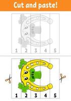 aprender los números del 1 al 5. corta y pega. personaje animado. hoja de trabajo de desarrollo educativo. juego para niños. página de actividad. Ilustración de vector aislado de color. S t. día de San Patricio.