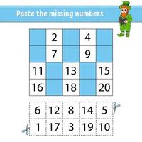 Paste the missing numbers 1-20. Game for children. Handwriting practice. Learning numbers for kids. Education developing worksheet. Activity page. Isolated vector illustration in cute cartoon style.