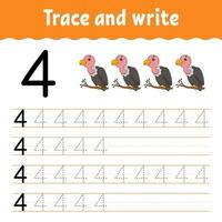 Trace and write. Handwriting practice. Learning numbers for kids. Education developing worksheet. Color activity page. Isolated vector illustration in cute cartoon style.