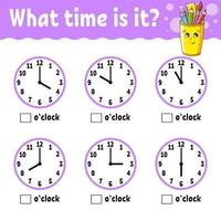 Learning time on the clock. Educational activity worksheet for kids and toddlers. Game for children. Simple flat isolated color vector illustration in cute cartoon style.