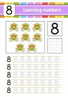 Trace and write. Handwriting practice. Learning numbers for kids. Education developing worksheet. Activity page. Isolated vector illustration in cute cartoon style.