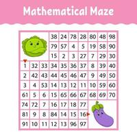 Vegetable eggplant, cabbage. Mathematical square maze. Game for kids. Number labyrinth. Education worksheet. Activity page. Puzzle for children. Cartoon characters. Color vector illustration.