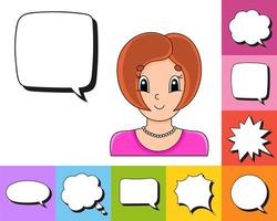 Set of speech bubbles of different shapes. With a cute cartoon character. Beautiful cute fashionable girl with jewelry. Vector illustration. Comic style.