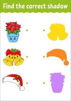 Find the correct shadow. Christmas theme. Education developing worksheet. Matching game for kids. Color activity page. Puzzle for children. Cute character. Vector illustration. Cartoon style.