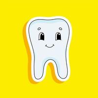 A healthy tooth without caries is smiling. Bright color sticker. Cartoon character. Vector illustration. Design element. With white contour.