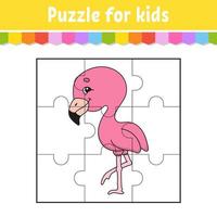 Puzzle game for kids. Pink flamingo. Education worksheet. Color activity page. Riddle for preschool. Isolated vector illustration. Cartoon style.