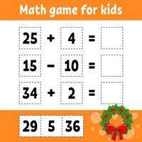 juego de matemáticas para niños. tema de navidad. hoja de trabajo de desarrollo educativo. página de actividades con imágenes. juego para niños. Ilustración de vector aislado de color. personaje divertido. estilo de dibujos animados.