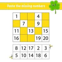 Paste the missing numbers 1-20. Game for children. Handwriting practice. Learning numbers for kids. Education developing worksheet. Activity page. Isolated vector illustration in cute cartoon style.