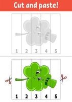 Learning numbers 1-5. Cut and glue. Cartoon character. Education developing worksheet. Game for kids. Activity page. Color isolated vector illustration. St. Patrick's day.