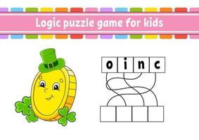 Logic puzzle game. Learning words for kids. Find the hidden name. Worksheet, Activity page. English game. Isolated vector illustration. Cartoon character. St. Patrick's day.